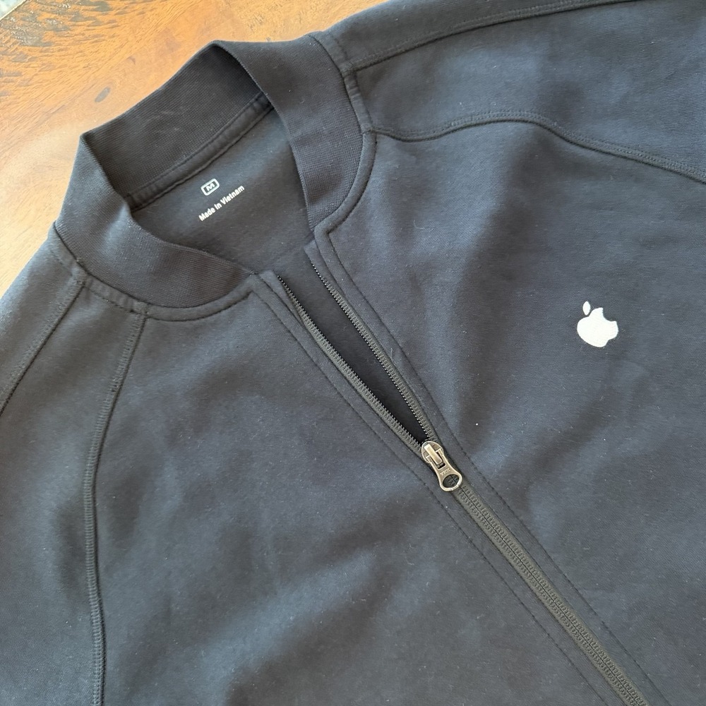 Apple Jacket Mens Medium Black Full Zip Fleece Raglan Bomber Collar Employee